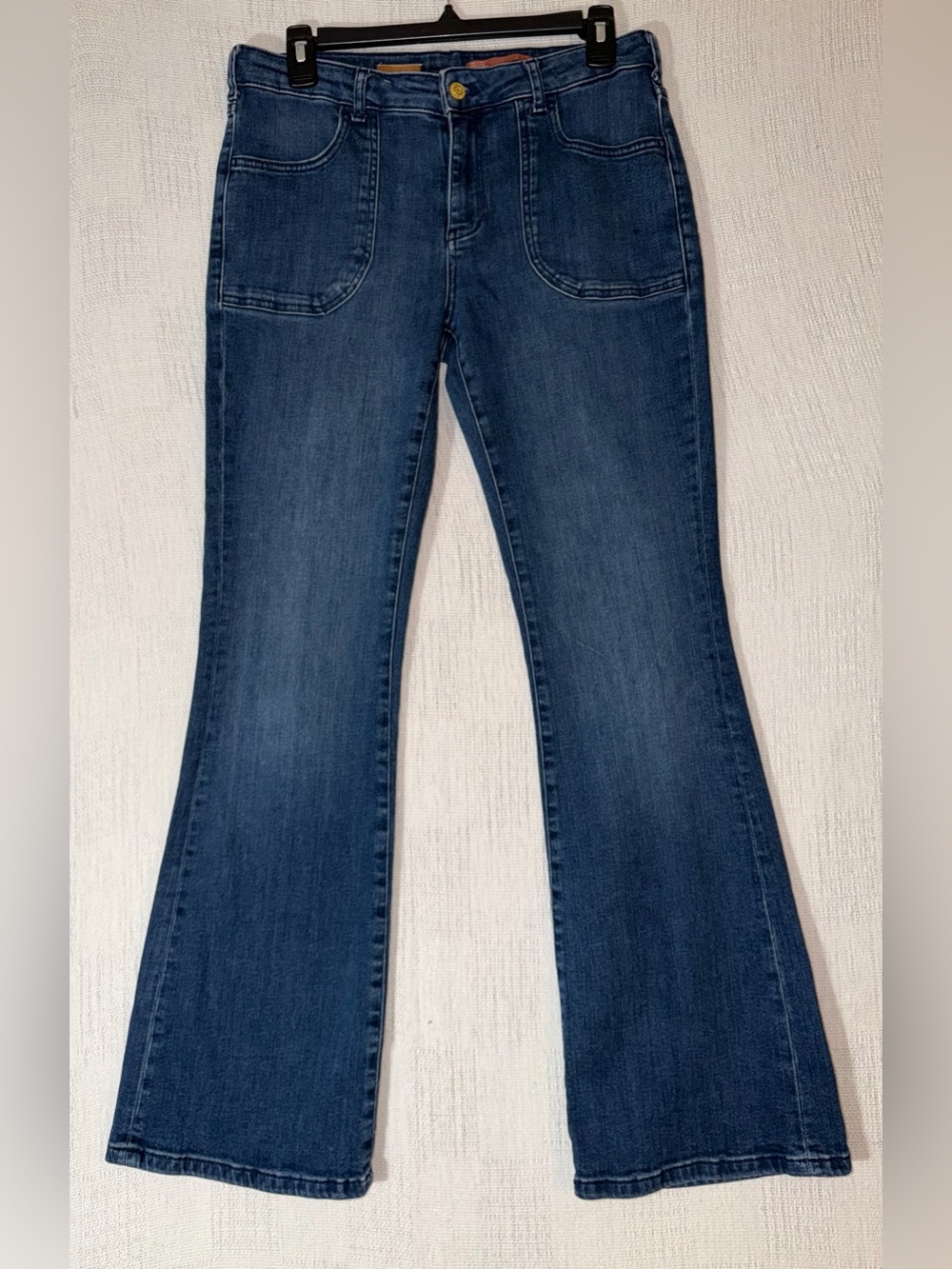 Pilcro Anthropologie High Rise Patch Pocket Flare Jeans Boho 70s Retro Denim 29